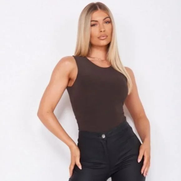 Brown Sleeveless Bodycon Bodysuit Top Leotard - Picture 2 of 10